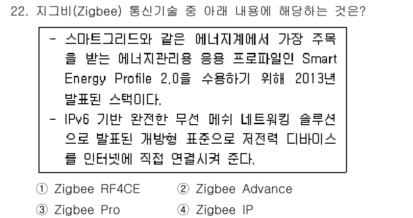 IoT지식능력검정 2017년 22번 - 위 내용은 Zigbee IP에 해당합니다. Zigbee IP는 IPv6 ... 에 관한 핵심 기출문제