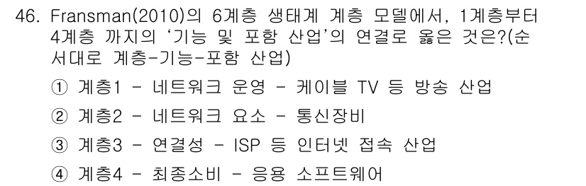 IoT지식능력검정 2018년 46번 - 정답인 '3'은 계층 간의 관계를 명확히 보여줍니다. Fransman의 ... 에 관한 핵심 기출문제