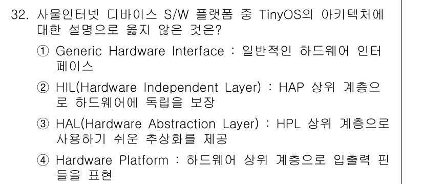IoT지식능력검정 2019년 32번 - 정답 '4'는 'Hardware Platform'에 대한 설명이 부적절하... 에 관한 핵심 기출문제