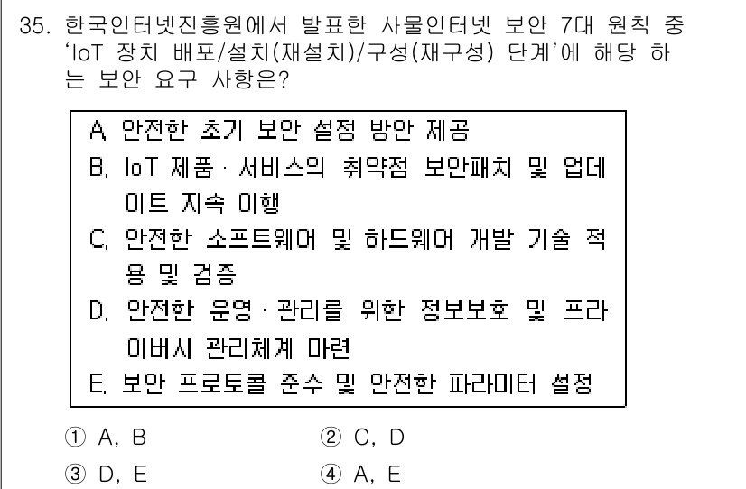IoT지식능력검정 2019년 35번 - 'IoT 장치 배포/설치/구성' 단계의 보안 요건은 IoT 시스템의 안전... 에 관한 핵심 기출문제