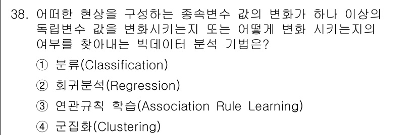 IoT지식능력검정 2019년 38번 - 주어진 문제는 독립변수가 종속변수에 미치는 영향을 분석하는 것을 묻고 있... 에 관한 핵심 기출문제