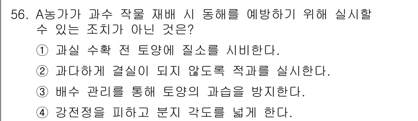 손해평가사 2020년 56번 - 정답인 '1'번은 과실 수확 전 동양에 질소를 시비하는 것이며, 이는 동... 에 관한 핵심 기출문제