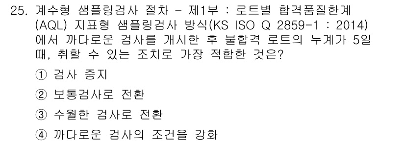 품질경영산업기사 2018년 27번 - 주어진 문제는 AQL에 따른 샘플링 검사에서 불합격 로트가 발생했을 때 ... 에 관한 핵심 기출문제