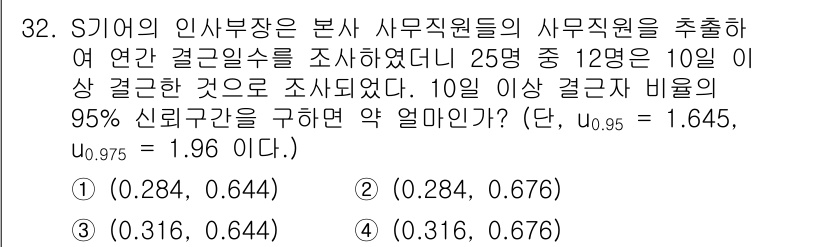 품질경영산업기사 2018년 34번 - 주어진 문제는 신뢰구간을 구하는 것입니다. 25명 중 12명이 10일 이... 에 관한 핵심 기출문제