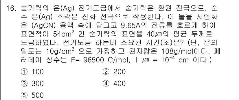 변리사_1차(3교시) 2020년 16번 - 주어진 문제에서 은(Ag) 전기 도금 과정에서 필요한 소요 시간을 계산하... 에 관한 핵심 기출문제