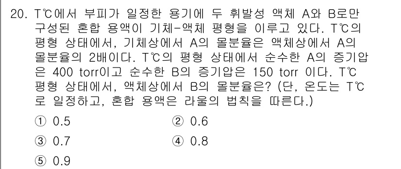 변리사_1차(3교시) 2020년 20번 - 온도 T°C에서 정상이혼용액의 경우, Raoult의 법칙에 따르면 각 성... 에 관한 핵심 기출문제