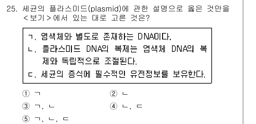 변리사_1차(3교시) 2020년 25번 - 정답인 '3'번 설명은 플라스미드는 세균의 염색체와는 별도로 존재하는 작... 에 관한 핵심 기출문제