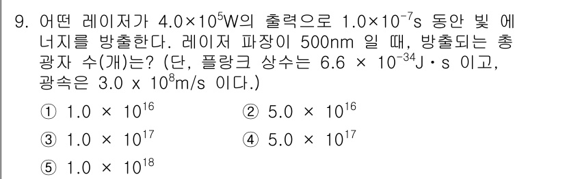 변리사_1차(3교시) 2020년 9번 - 레이저의 출력이 4.0×10^5 W이고, 방출 시간이 1.0×10^-7 ... 에 관한 핵심 기출문제