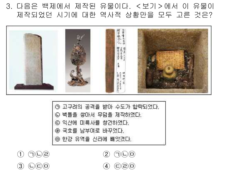 경찰공무원(순경)_한국사 2020년 3번 - 정답이 '4'인 이유는 주어진 유물이 백제 시대에 만들어진 특성을 반영하... 에 관한 핵심 기출문제