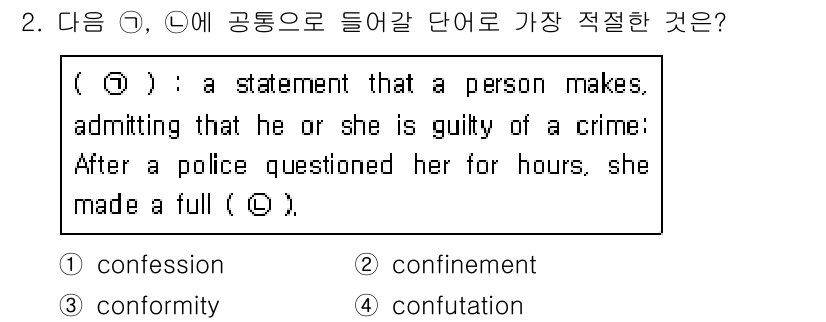 경찰공무원(순경)_영어 2020년 2번 - 문장에서 주어진 정의는 '범죄에 대한 유죄를 인정하는 발언'으로, 이는 ... 에 관한 핵심 기출문제
