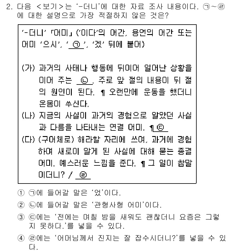 경찰공무원(순경)_국어 2020년 2번 - 주어진 설명 중에서 '2'번 항목이 가장 적절하지 않은 이유는 '관형사형... 에 관한 핵심 기출문제