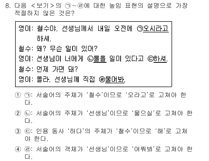 경찰공무원(순경)_국어 2020년 8번 - 주어진 문장에서 '선생님'의 주체와 관련된 상황을 고려할 때, ④번 설명... 에 관한 핵심 기출문제