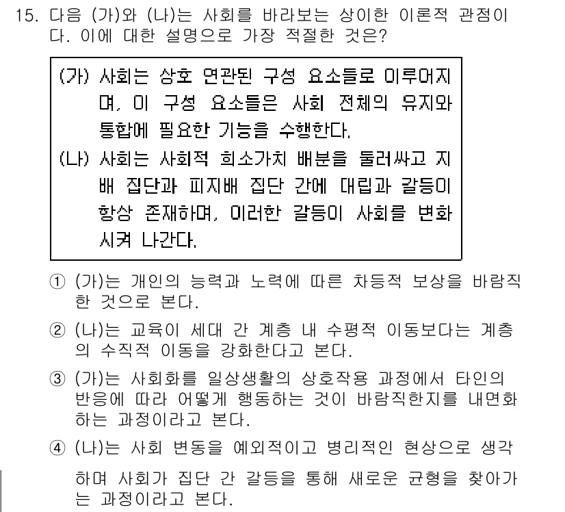 경찰공무원(순경)_사회 2020년 15번 - (가)와 (나)는 사회를 바라보는 이론적 관점에서 각각 구조적 기능주의와... 에 관한 핵심 기출문제