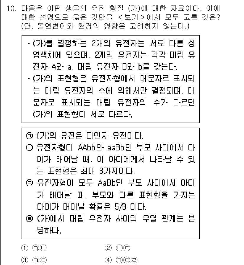 경찰공무원(순경)_과학 2020년 10번 - 주어진 설명에 따르면, (가)의 유전 형질은 대립 유전자 A와 B에 의해... 에 관한 핵심 기출문제