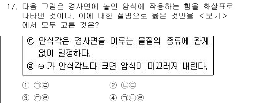 경찰공무원(순경)_과학 2020년 17번 - 안식각은 경사면에서 힘의 균형을 나타내는 중요한 개념입니다. 첫 번째 설... 에 관한 핵심 기출문제