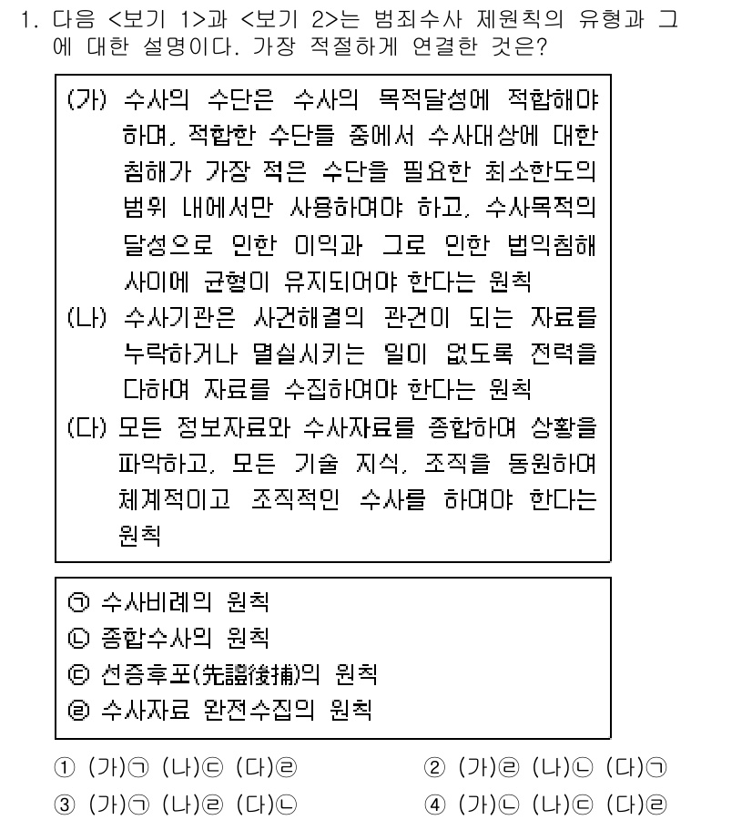 경찰공무원(순경)_수사 2020년 1번 - 주어진 문제에서 ‘수사비례의 원칙’은 수사의 수단이 수사의 목적에 맞아야... 에 관한 핵심 기출문제