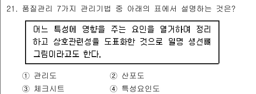 콘크리트기사 2021년 21번 - 주어진 설명은 '특성요인도'에 해당합니다. 특성요인도는 특정 문제의 원인... 에 관한 핵심 기출문제