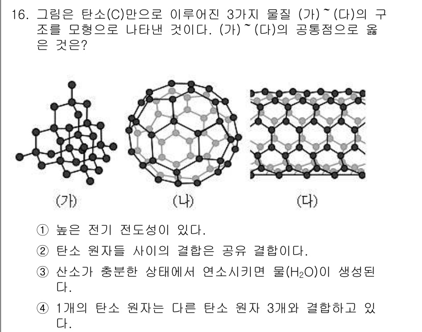 9급_지방직_공무원_과학 2015년 16번 - 정답 '2'는 탄소 원자들 사이의 결합이 공유 결합이라는 점에서 옳습니다... 에 관한 핵심 기출문제