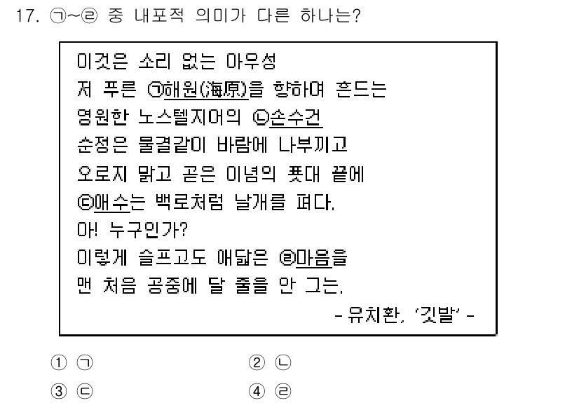 9급_지방직_공무원_국어 2015년 17번 - 주어진 문제에서 ①, ②, ③ 중에서 내포적 의미가 다른 항목은 1번입니... 에 관한 핵심 기출문제