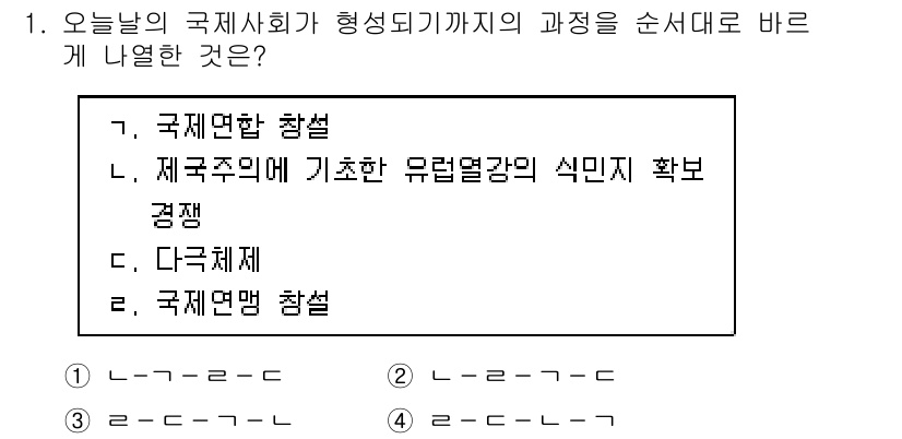 9급_지방직_공무원_사회 2015년 1번 - 정답 '2'는 국제사회의 형성 과정을 올바르게 정리한 것입니다. 국제연합... 에 관한 핵심 기출문제