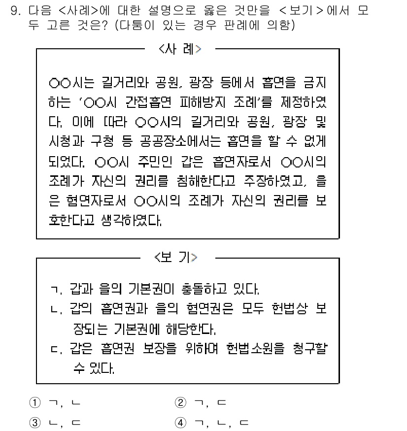 9급_지방직_공무원_사회 2015년 9번 - 해당 문제에서 정답이 '4'인 이유는, 'ㄹ' 보기가 '강의 흡연권과 흡... 에 관한 핵심 기출문제