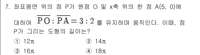 9급_지방직_공무원_수학 2015년 7번 - 점 P가 원점 O와 점 A(5, 0) 사이에서 비율 \( PO : PA ... 에 관한 핵심 기출문제