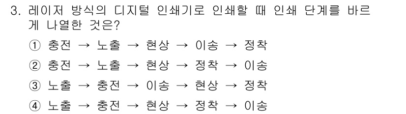디지털인쇄산업기사 2019년 3번 - 디지털 인쇄에서는 충전(프린팅), 노출(이미지 형성), 현상(화상 고정)... 에 관한 핵심 기출문제