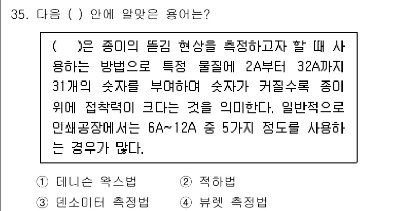 디지털인쇄산업기사 2019년 35번 - 주어진 설명은 전기 용량이나 전류의 측정을 위한 방법에 대한 내용입니다.... 에 관한 핵심 기출문제