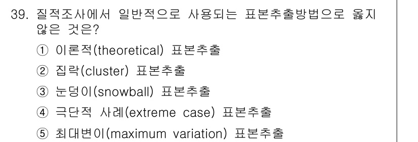 사회복지사_1급(1교시)(구) 2021년 39번 - 정답 '2'인 '집락(cluster) 표본추출'은 질적 조사에서 흔히 사... 에 관한 핵심 기출문제