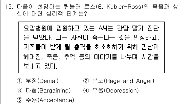 사회복지사_1급(1교시) 2021년 15번 - 이 문제는 큐블러 로스의 고통 단계 이론을 기반으로 하며, 제시된 상황에... 에 관한 핵심 기출문제
