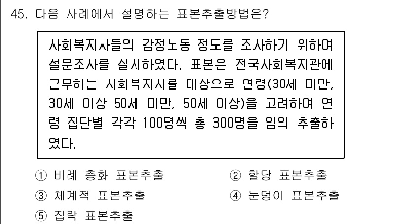 사회복지사_1급(1교시) 2021년 45번 - 이 문제에서 설명하는 표본 추출 방법은 집락 표본 추출입니다. 각 집단(... 에 관한 핵심 기출문제
