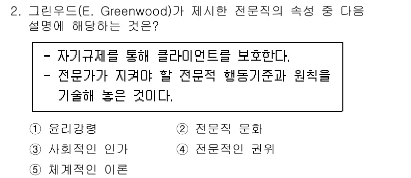 사회복지사_1급(2교시)(구) 2021년 2번 - 그린우드(E. Greenwood)는 전문직의 특성을 설명하면서 클라이언트... 에 관한 핵심 기출문제