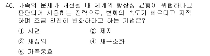 사회복지사_1급(2교시)(구) 2021년 46번 - 이 문제에서 정답인 '제지'는 가족 문제 해결 시 체계의 안정성을 우선시... 에 관한 핵심 기출문제