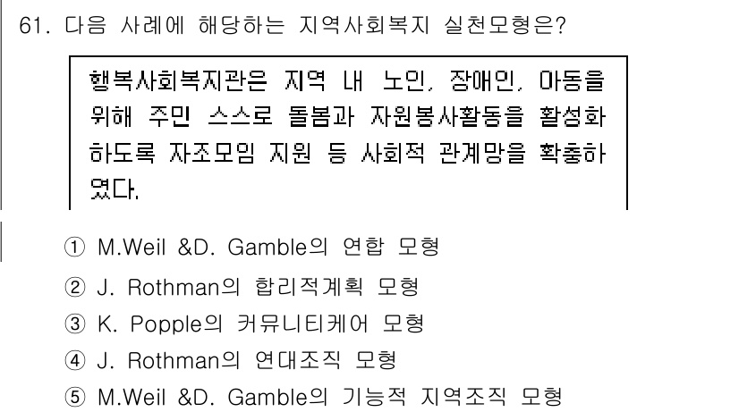 사회복지사_1급(2교시)(구) 2021년 61번 - 주어진 사례는 지역 사회 안에서 주민들이 직접 참여하며 자원봉사와 지원 ... 에 관한 핵심 기출문제
