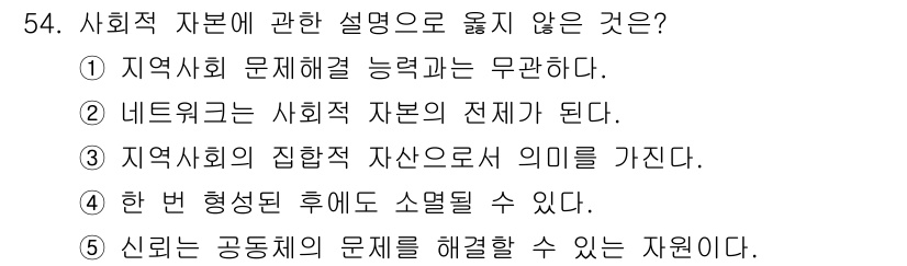 사회복지사_1급(2교시) 2021년 54번 - 정답 '1'은 "지역사회 문제해결 능력과는 무관하다"가 잘못된 설명임을 ... 에 관한 핵심 기출문제