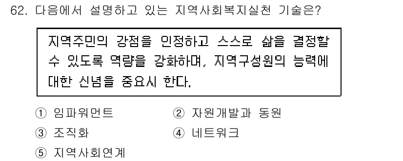 사회복지사_1급(2교시) 2021년 62번 - 정답인 '1. 임파워먼트'는 지역 주민의 강점을 인정하고 그들의 역량을 ... 에 관한 핵심 기출문제
