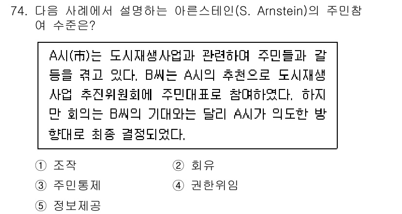 사회복지사_1급(2교시) 2021년 74번 - 이 문제는 아른스틴의 주민참여 수준을 묘사하고 있습니다. A시는 주민들과... 에 관한 핵심 기출문제