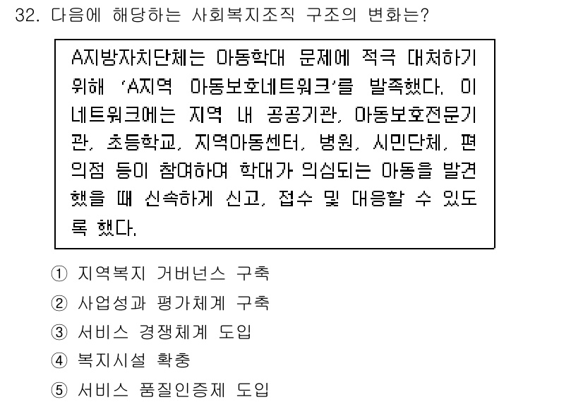 사회복지사_1급(3교시)(구) 2021년 32번 - 이 문제에서 '1. 지역복지 커버넌스 구축'이 정답인 이유는, 해당 사례... 에 관한 핵심 기출문제