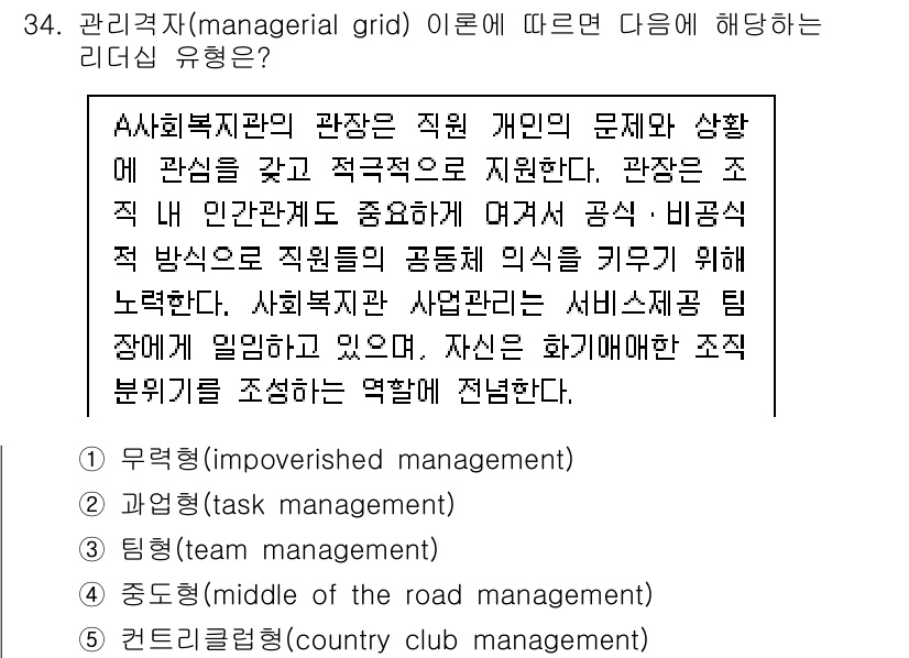사회복지사_1급(3교시)(구) 2021년 34번 - 주어진 설명은 A 사회복지관의 관장이 직원 개인의 문제에 관심을 가지고 ... 에 관한 핵심 기출문제