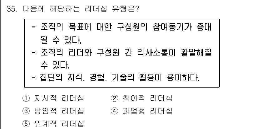 사회복지사_1급(3교시) 2021년 35번 - 이 문제에서 '참여적 리더십'은 구성원이 조직의 목표에 적극적으로 참여하... 에 관한 핵심 기출문제