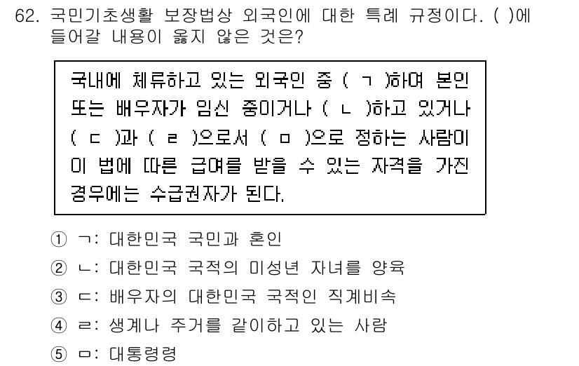 사회복지사_1급(3교시) 2021년 62번 - 주어진 문제는 외국인의 자격을 규정하는 내용으로, ( )에 들어갈 내용을... 에 관한 핵심 기출문제