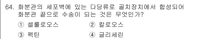 시설원예기사 2021년 64번 - 이 문제에서 화분관의 세포벽에 형성되는 다당류는 셀룰로오스입니다. 셀룰로... 에 관한 핵심 기출문제