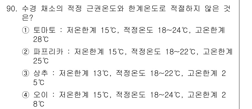 시설원예기사 2021년 90번 - 정답은 '2'입니다. 파프리카의 저온한계가 15°C로 기재되어 있지만, ... 에 관한 핵심 기출문제
