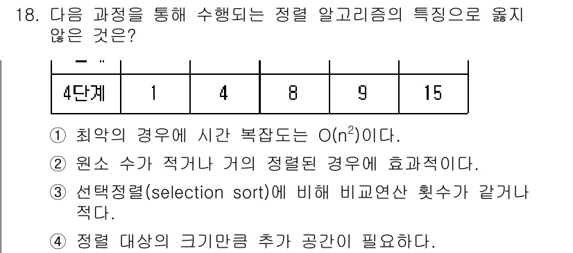 계리직공무원_컴퓨터_일반 2021년 18번 - 정답 '4'는 정렬 알고리즘의 특징 중 하나로, 정렬 대상의 크기만큼 추... 에 관한 핵심 기출문제