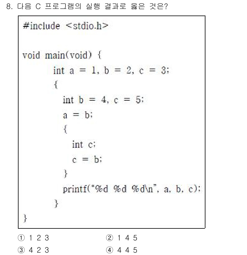 계리직공무원_컴퓨터_일반 2021년 8번 - 이 프로그램의 실행 결과는 `4 4 5`입니다. 먼저, 내부 블록에서 `... 에 관한 핵심 기출문제