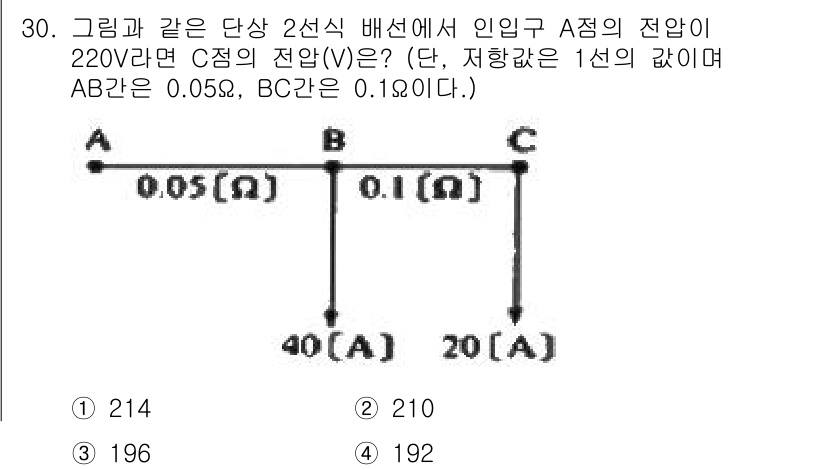 전기철도산업기사 2017년 30번 - 문제에서 A점의 전압이 220V일 때, B점과 C점에서의 전압을 계산해야... 에 관한 핵심 기출문제