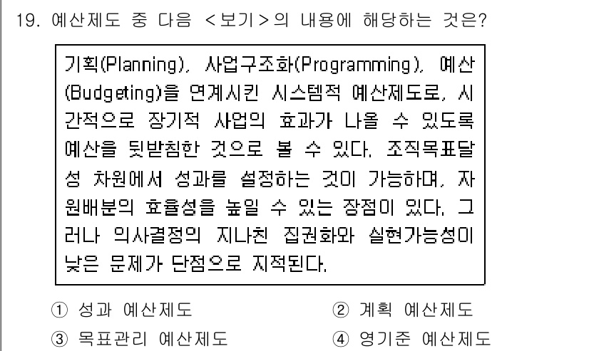 9급_지방직_공무원_서울시_행정학개론 2020년 19번 - 이 문제에서 주어진 내용은 예산 제도의 설명으로, 계획(Planning)... 에 관한 핵심 기출문제