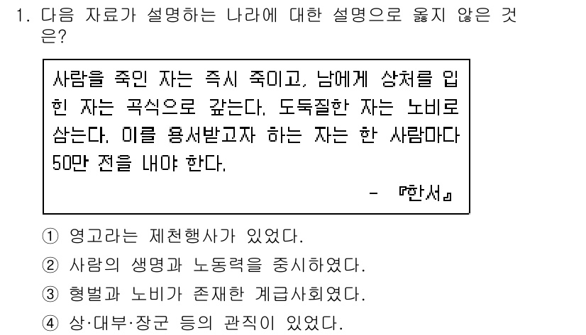 소방공무원(공개)_한국사(구) 2020년 1번 - 제시된 자료는 특정 나라의 법률과 사회에 대한 내용을 설명하고 있습니다.... 에 관한 핵심 기출문제