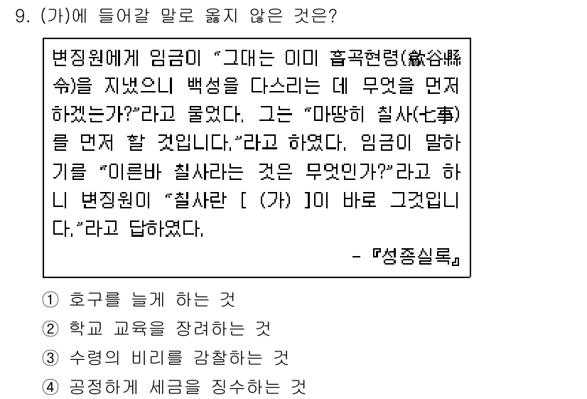 소방공무원(공개)_한국사(구) 2021년 9번 - 문제에서 (가)에 들어갈 말은 "칠사"와 관련된 내용을 이해해야 합니다.... 에 관한 핵심 기출문제