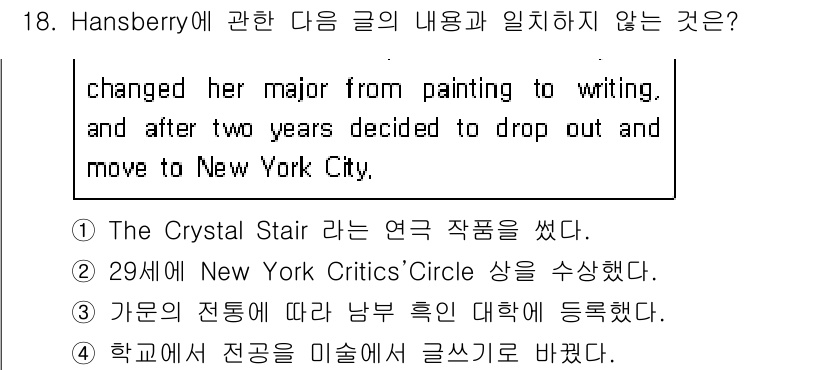 소방공무원(공개,경력)_영어(구) 2021년 18번 - 정답은 '3'입니다. 주어진 문장에서 Hansberry가 전공을 미술에서... 에 관한 핵심 기출문제
